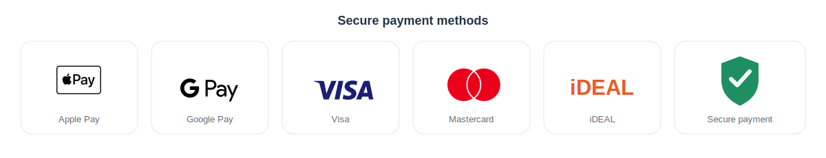 payment-methods-strip-transparent Accepted payment methods including Apple Pay, Google Pay, Visa, Mastercard and iDEAL