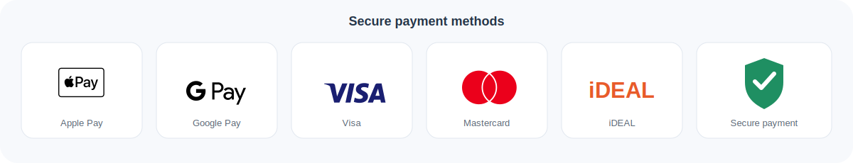 Accepted payment methods including Apple Pay, Google Pay, Visa, Mastercard and iDEAL